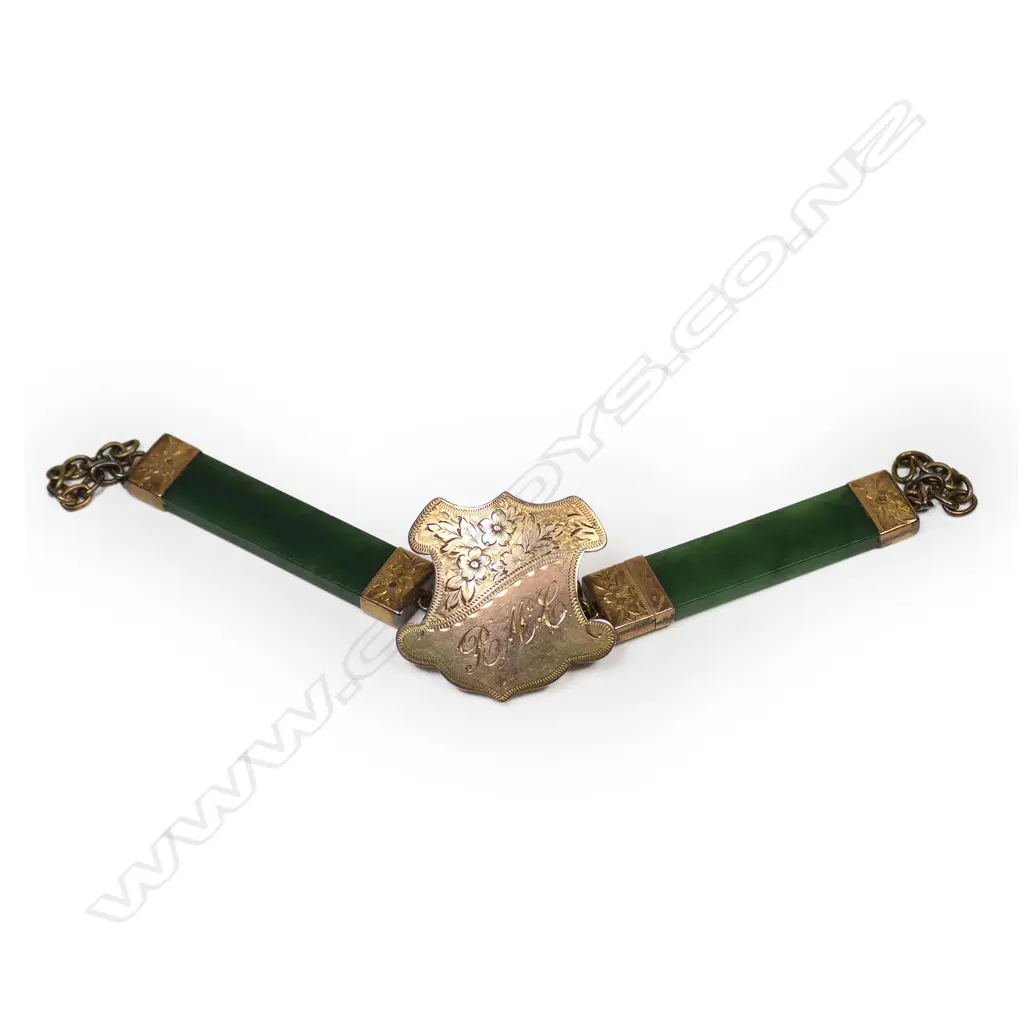 Jones Bros. (Auckland) pounamu and gold watch fob, Image 1++